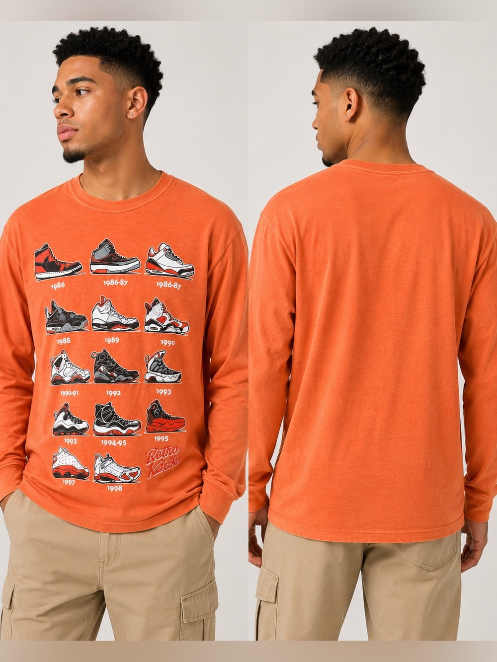 Retro Kicks Mens Orange Sneaker Graphic Long Sleeve Shirt M NWOT